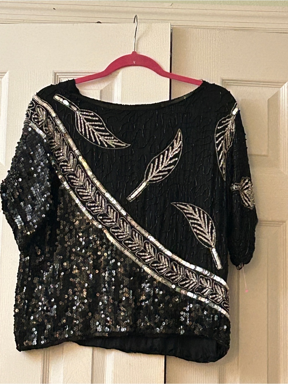 Vintage JLB Sequin Silk Blouse Medium Black Silver Art Deco 80s Evening Top Wear